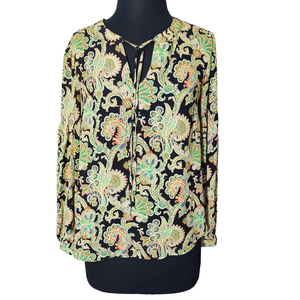 Rose + Olive blouse long sleeve paisley black , green sz S